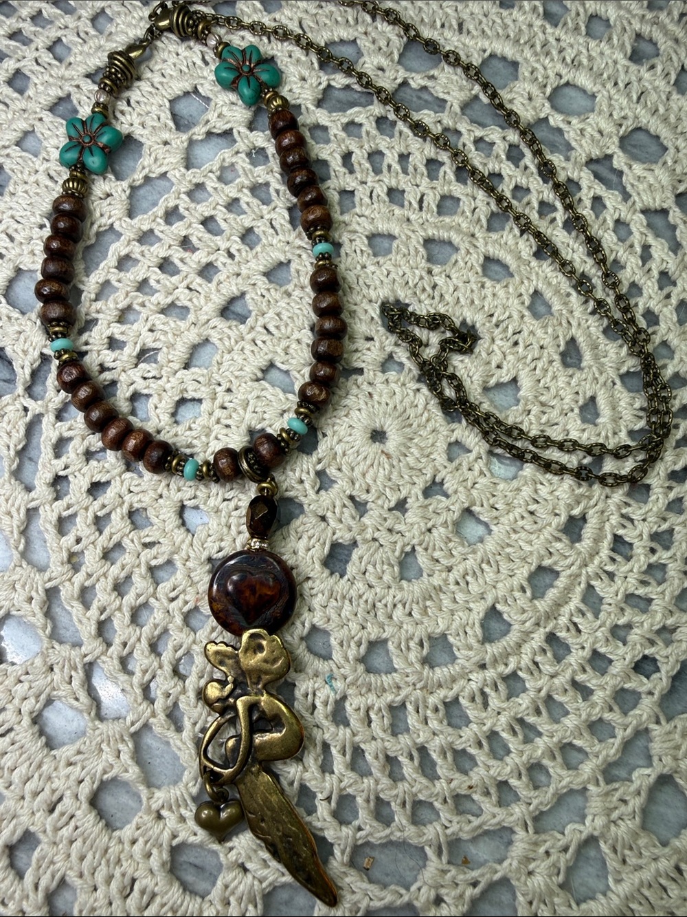 Boho Brown Wood Beaded & fairy Pendant Necklace with Turquoise Accents